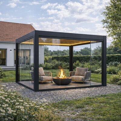 Bioklimatische Pergola Komplett eingefassen mit Glasschiebelementen und Led-Licht